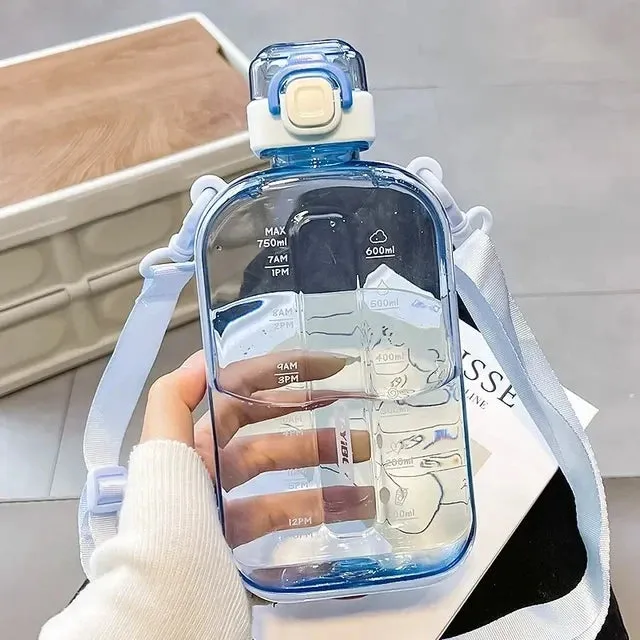 Premium Transparent Water Bottle – 750ML Portable Travel Canteen with Adjustable Strap – Elegant Slim Design for Sports, Camping & Outdoor Activities – Time & Volume Markers, Silicone Straw