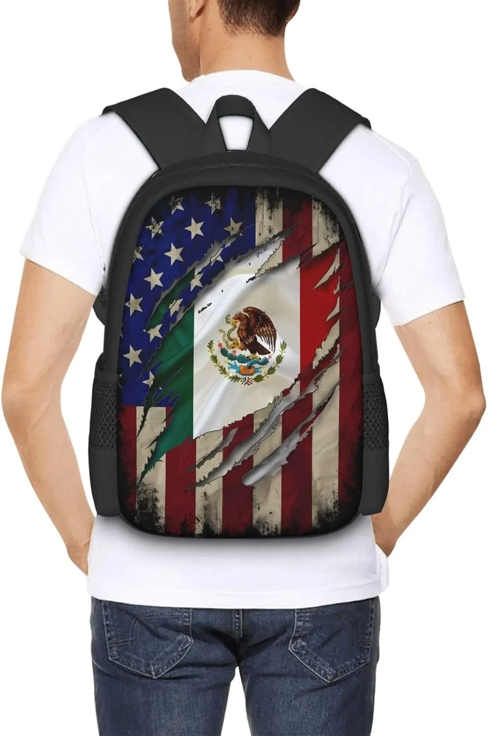 Proud Mexican American Flag Mexican Roots Casual Backpacks Large Capacity Backpack Laptop Rucksack Sport Daypack Commuter Bags with Adjustable Strap for Traveling Camping