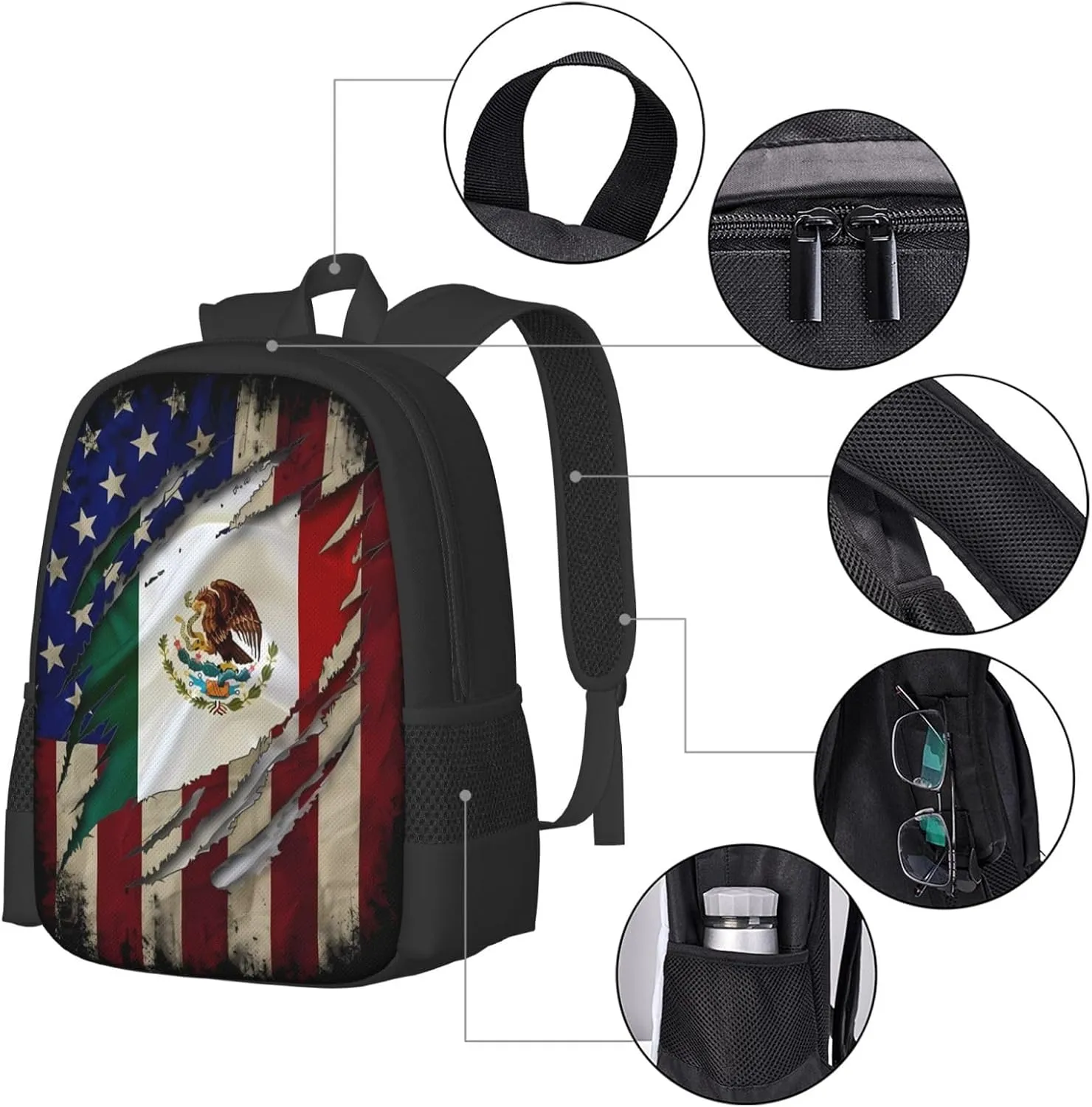 Proud Mexican American Flag Mexican Roots Casual Backpacks Large Capacity Backpack Laptop Rucksack Sport Daypack Commuter Bags with Adjustable Strap for Traveling Camping