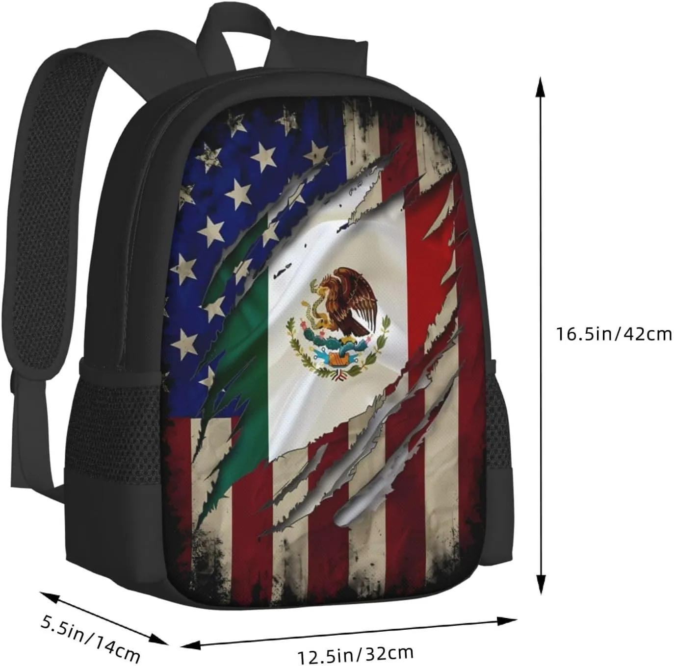 Proud Mexican American Flag Mexican Roots Casual Backpacks Large Capacity Backpack Laptop Rucksack Sport Daypack Commuter Bags with Adjustable Strap for Traveling Camping