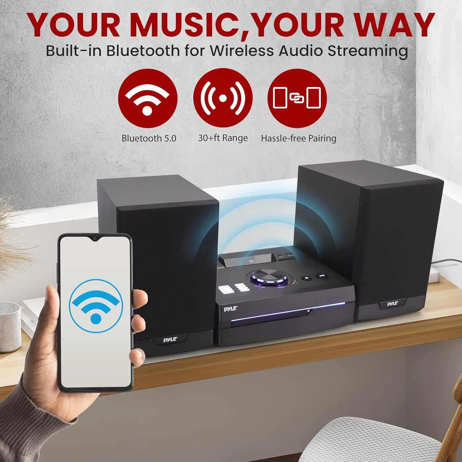 Pyle Home Stereo Shelf System - 100W Wireless BT Streaming with CD Player, FM Radio, USB & SD Card Playback, 2-Way Music Crisp-Sound, Remote Control, Dual Stereo Speakers (Black)