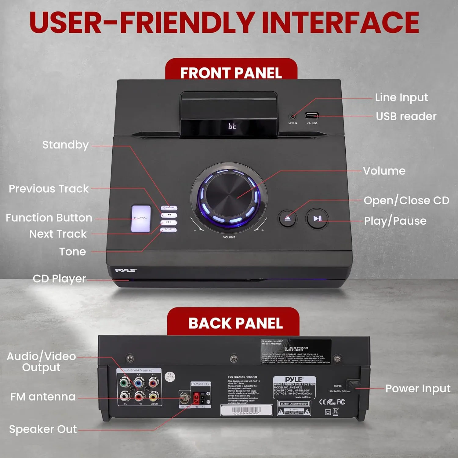 Pyle Home Stereo Shelf System - 100W Wireless BT Streaming with CD Player, FM Radio, USB & SD Card Playback, 2-Way Music Crisp-Sound, Remote Control, Dual Stereo Speakers (Black)