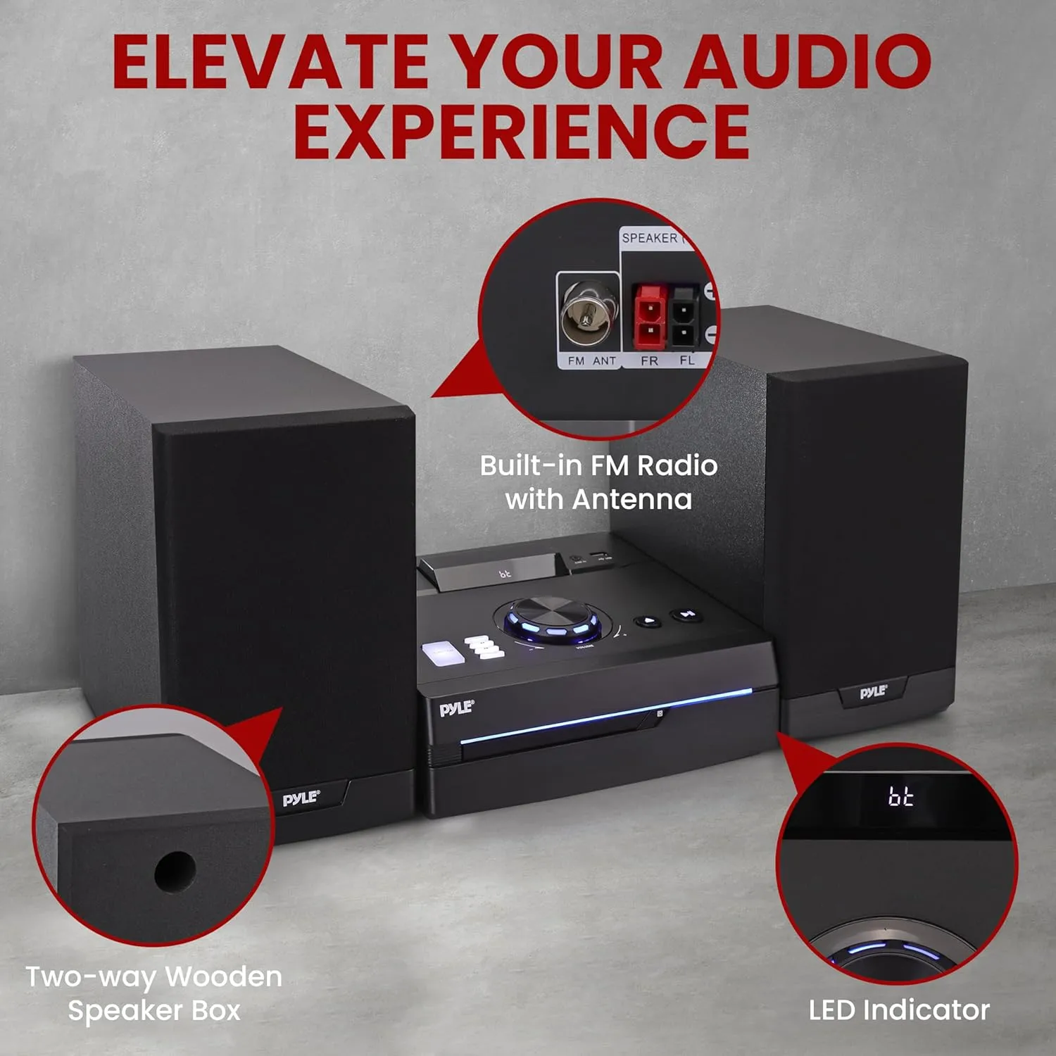 Pyle Home Stereo Shelf System - 100W Wireless BT Streaming with CD Player, FM Radio, USB & SD Card Playback, 2-Way Music Crisp-Sound, Remote Control, Dual Stereo Speakers (Black)