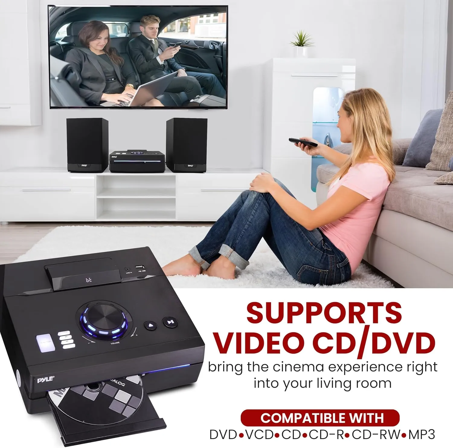Pyle Home Stereo Shelf System - 100W Wireless BT Streaming with CD Player, FM Radio, USB & SD Card Playback, 2-Way Music Crisp-Sound, Remote Control, Dual Stereo Speakers (Black)