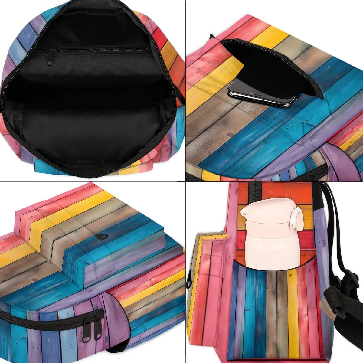 Rainbow Wood Grain Mini Backpack Purse for Women Fashion Lightweight Small Backpacks Shoulder Bag for Travel Work Shopping