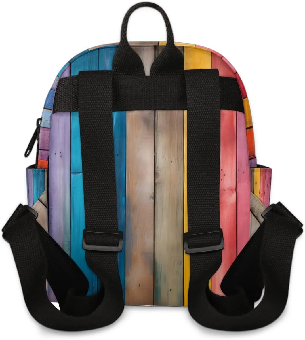 Rainbow Wood Grain Mini Backpack Purse for Women Fashion Lightweight Small Backpacks Shoulder Bag for Travel Work Shopping