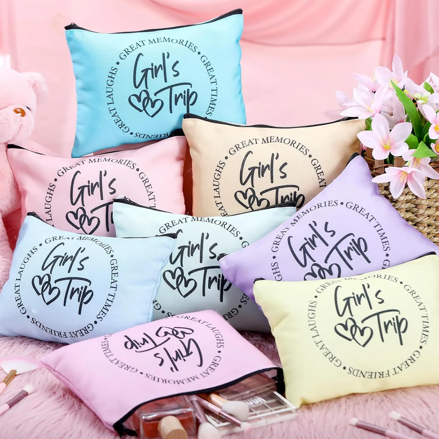 Reginary 9 Pcs Girls Trip Gifts Favors Girls Trip Makeup Bags Toiletry Cosmetic Bag Bestie Friendship Gifts for Women Christmas Wedding Bachelorette Valentine‘s Day Party Favors
