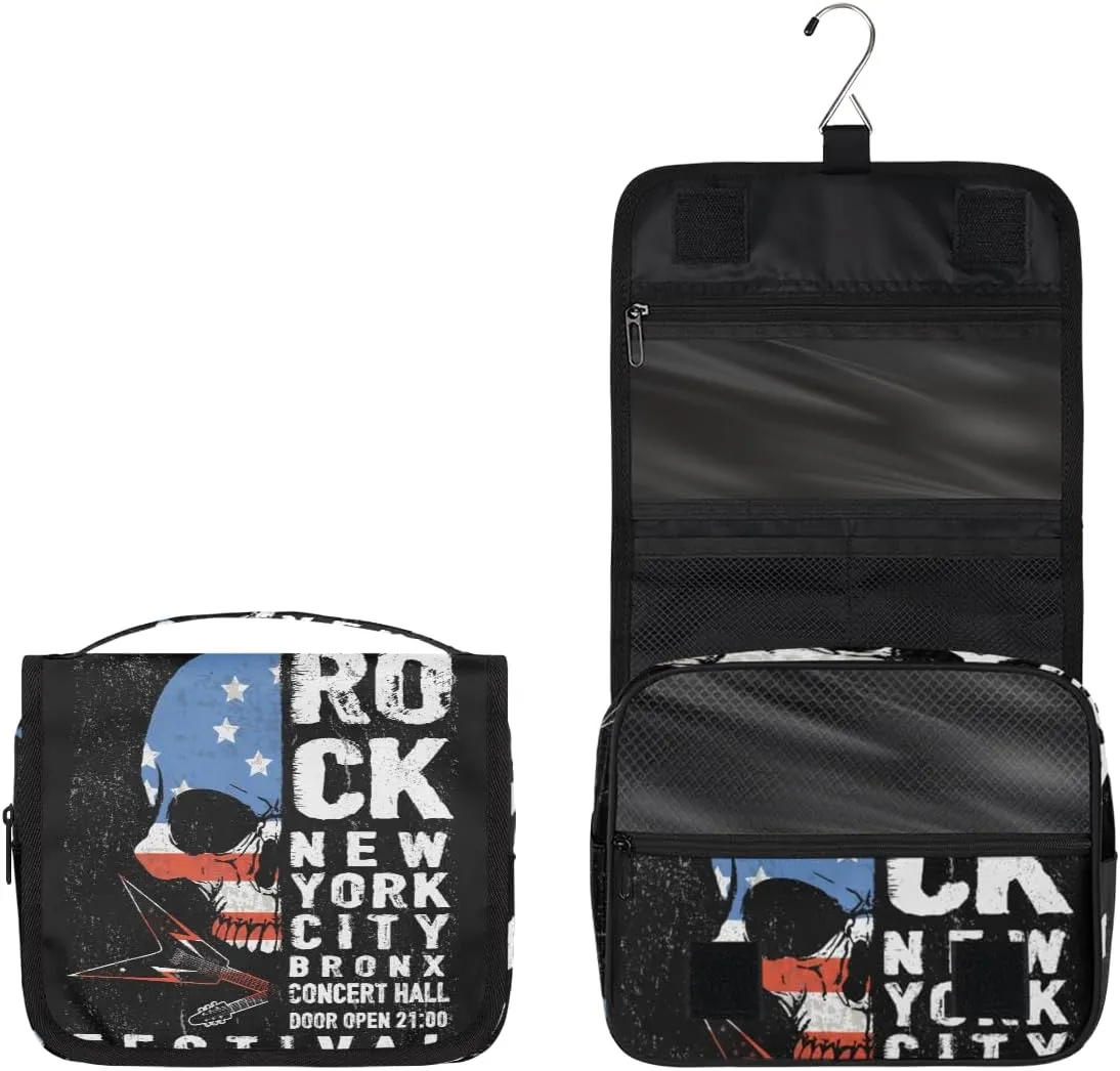 Rock And Roll Skull Day Of The Dead Toiletry Bag with Hanging Hook Travel Organizer Makeup Bag for Women Waterproof Accessories Toiletries Travel Essentials Personalized Birthday Valentines Day Gifts