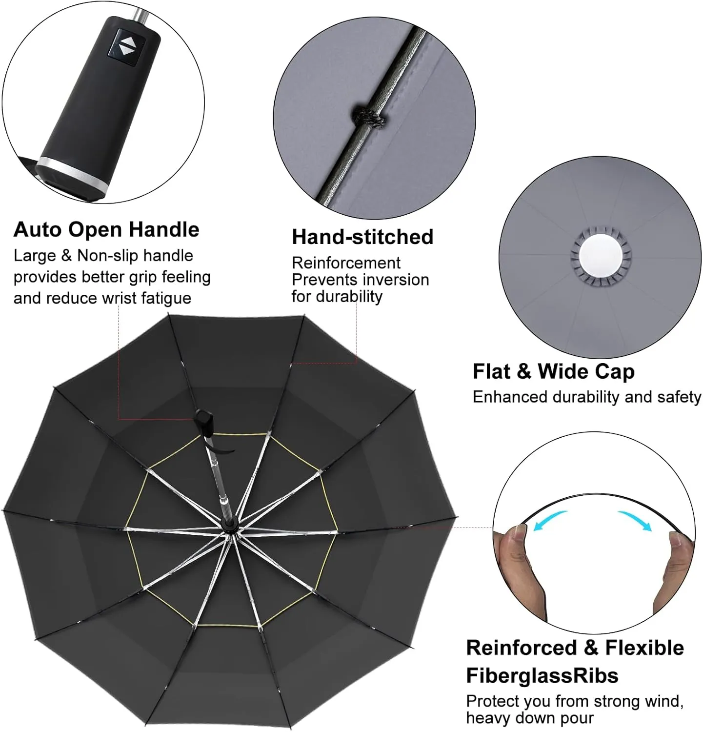 Satol Extra Large Golf Umbrella, 46/54/62 Inch Windproof 10 Ribs Vented Double Canopy Reflective Strips Automatic Open/Close Waterproof UV Protection Portable Compact Umbrella for Outdoor & Travel