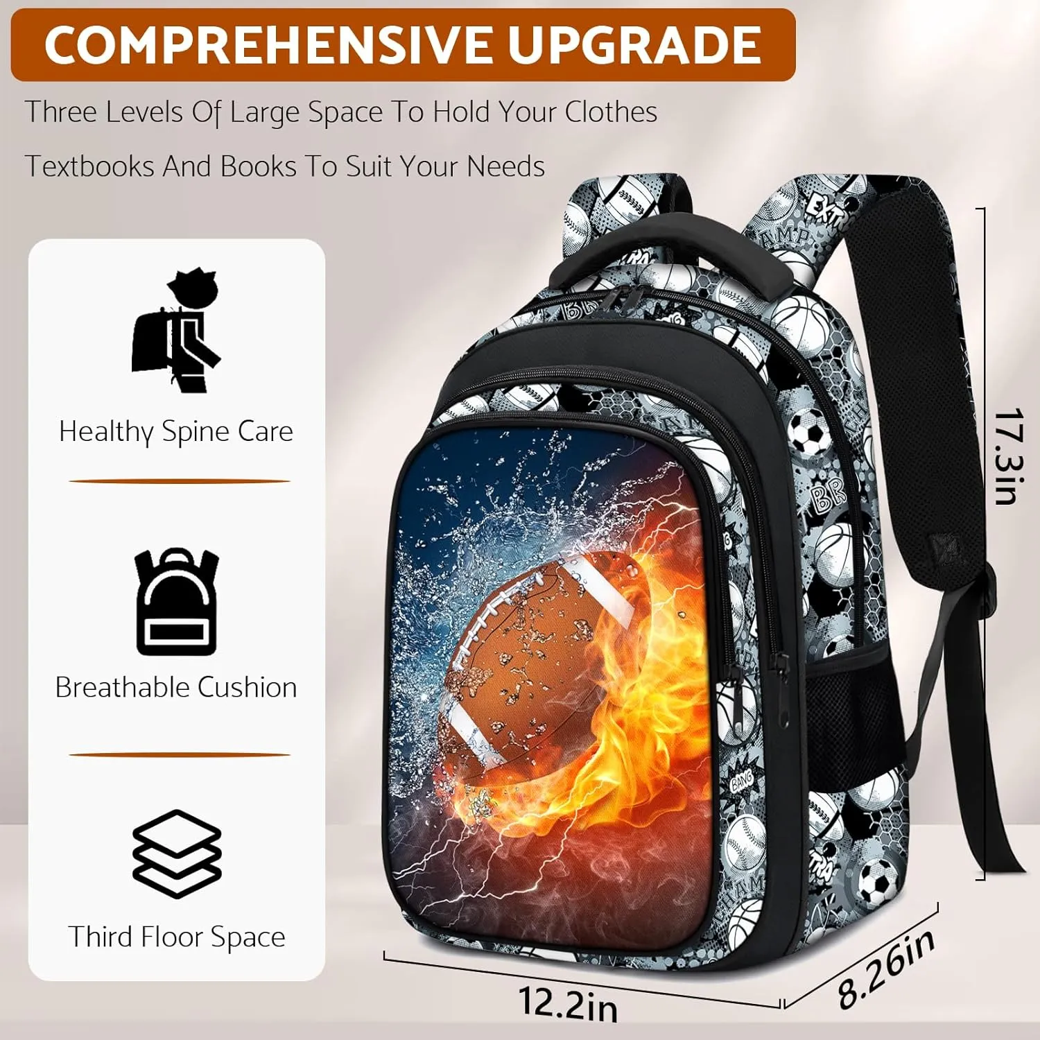 School Backpack for Boys - American Football Boys Backpack for Kids Children Teens Elementary Middle School - 17″ Sport Bookbag Travel Back Pack for Age 6-18