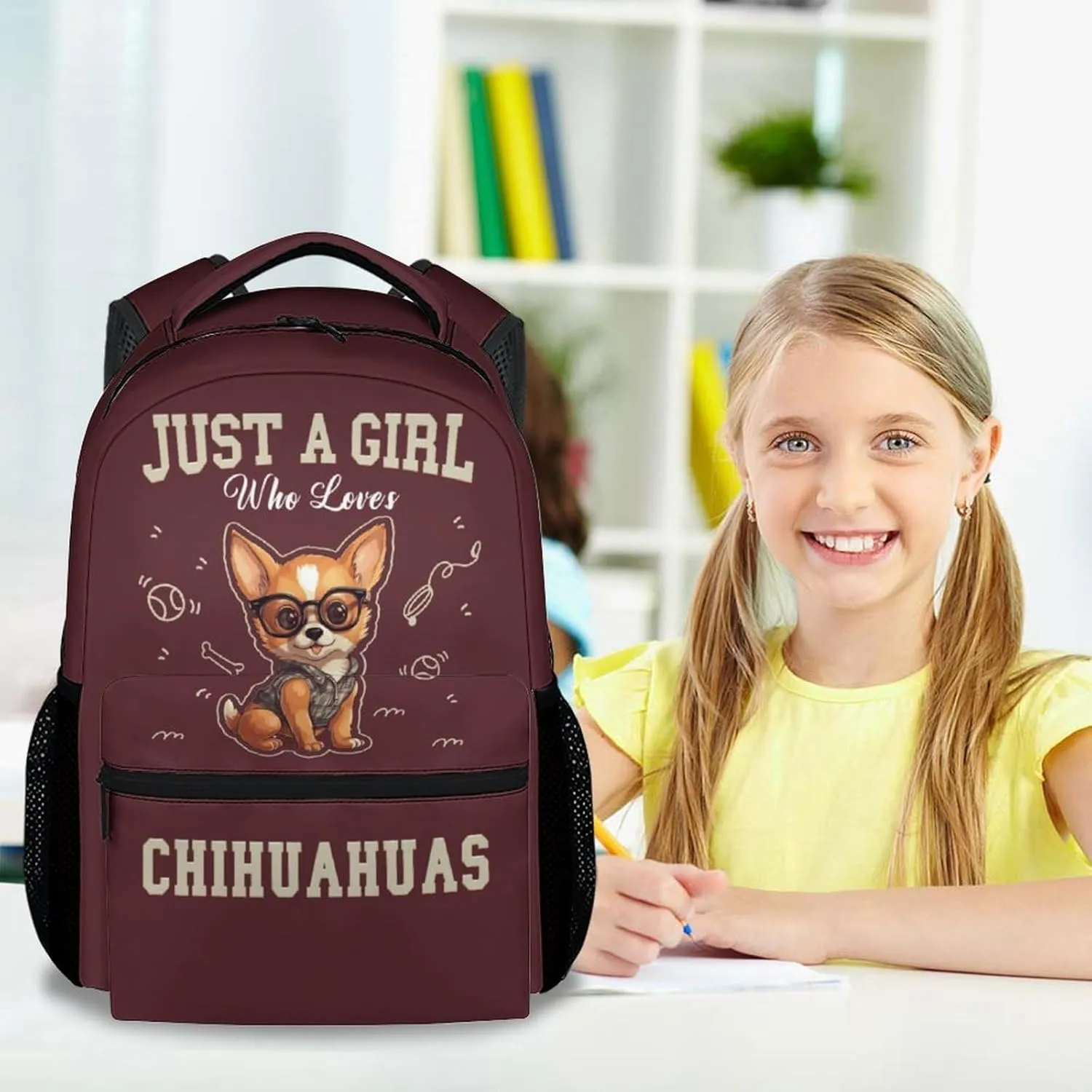 School Backpack for Girls, 17 Inch Brown Chihuahua Backpacks for Kids, Funny Lightweight Bookbag