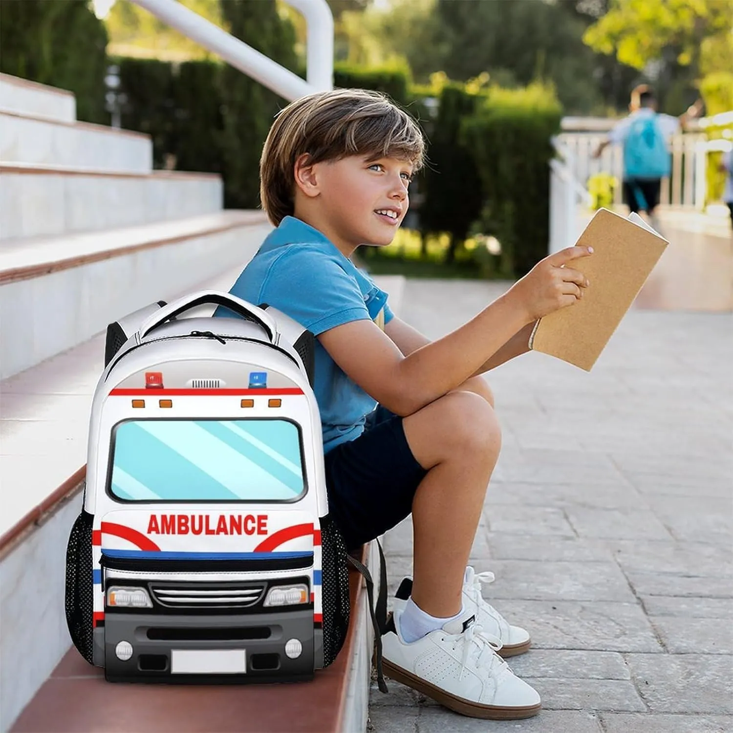 School Backpack for Kids Boys, 17" Ambulance Backpacks for Kindergarten Preschool Primary, Cool Schoolbag Gifts for Car Lovers, Large Capacity Truck Bookbag for Children Students