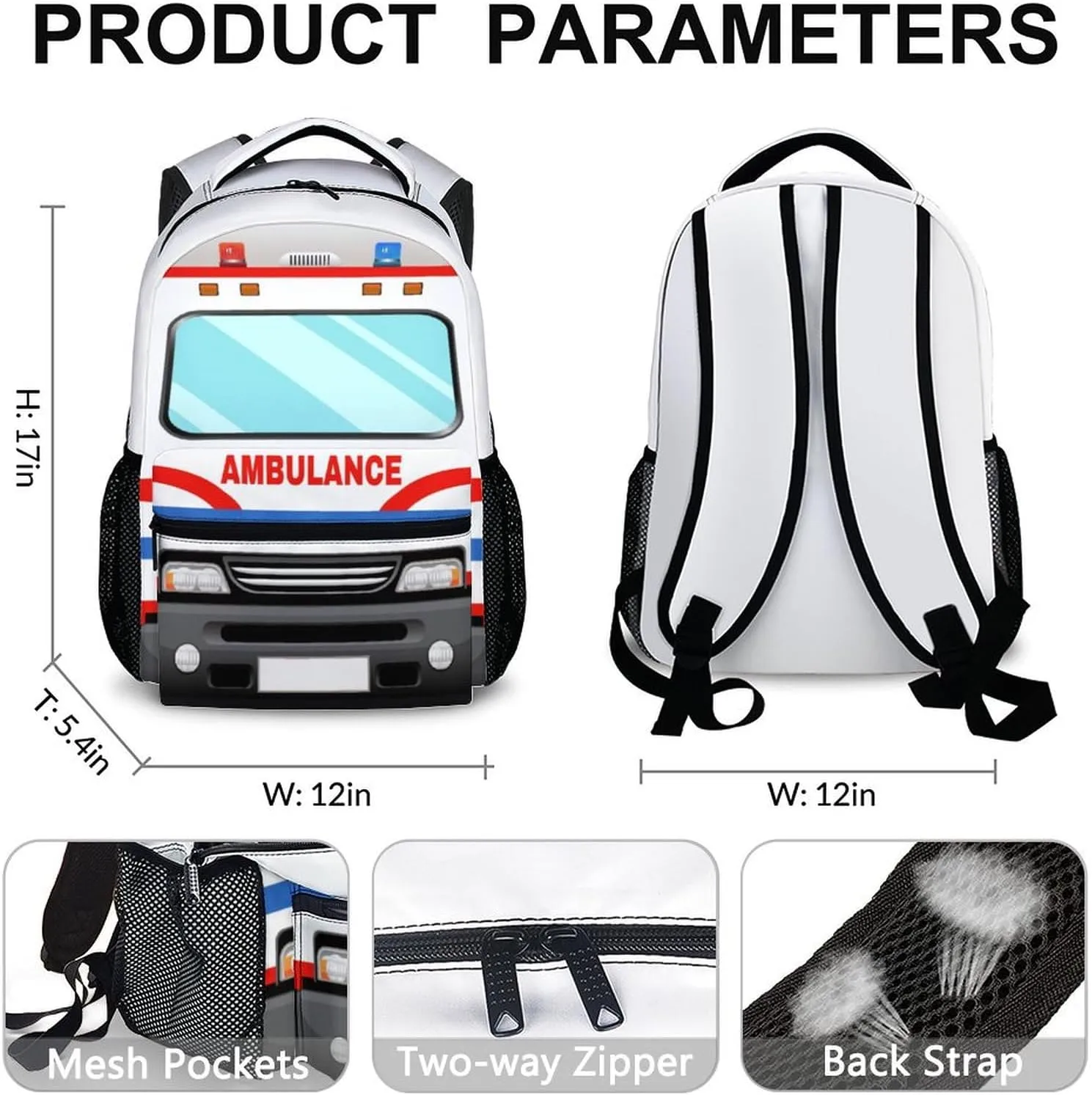School Backpack for Kids Boys, 17" Ambulance Backpacks for Kindergarten Preschool Primary, Cool Schoolbag Gifts for Car Lovers, Large Capacity Truck Bookbag for Children Students
