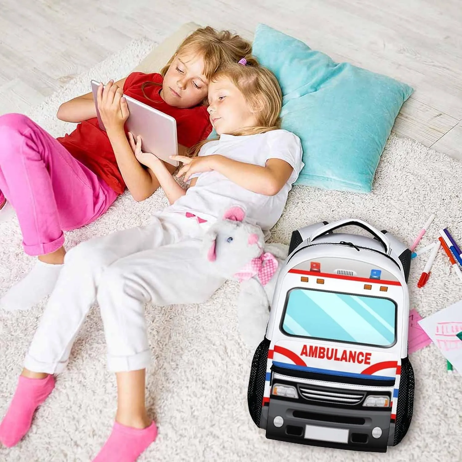 School Backpack for Kids Boys, 17" Ambulance Backpacks for Kindergarten Preschool Primary, Cool Schoolbag Gifts for Car Lovers, Large Capacity Truck Bookbag for Children Students