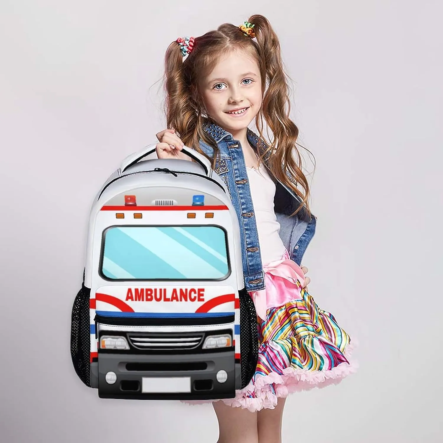 School Backpack for Kids Boys, 17" Ambulance Backpacks for Kindergarten Preschool Primary, Cool Schoolbag Gifts for Car Lovers, Large Capacity Truck Bookbag for Children Students