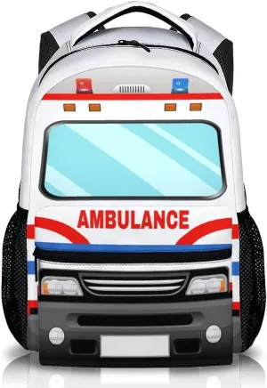 School Backpack for Kids Boys, 17" Ambulance Backpacks for Kindergarten Preschool Primary, Cool Schoolbag Gifts for Car Lovers, Large Capacity Truck Bookbag for Children Students