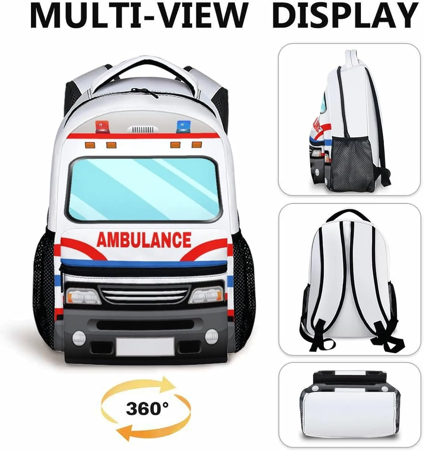 School Backpack for Kids Boys, 17" Ambulance Backpacks for Kindergarten Preschool Primary, Cool Schoolbag Gifts for Car Lovers, Large Capacity Truck Bookbag for Children Students