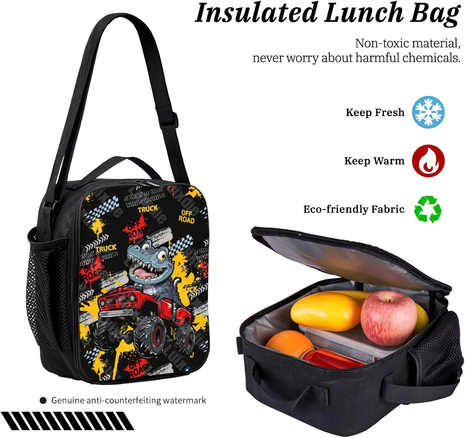 School Bags for Boys 3pas Cute Dinosaur Monster School Backpack Cars Truck Backpack with Lunch Box and Pencil Case for Boys Toddler Girls Kids Preschool Kindergarten Bookbags