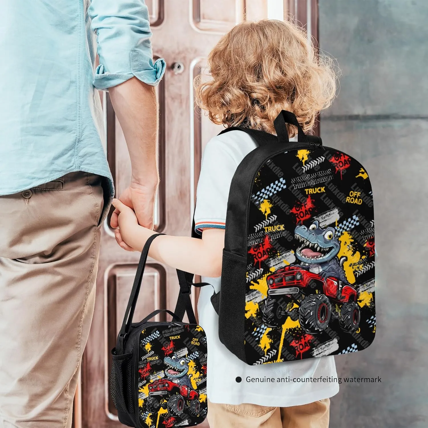 School Bags for Boys 3pas Cute Dinosaur Monster School Backpack Cars Truck Backpack with Lunch Box and Pencil Case for Boys Toddler Girls Kids Preschool Kindergarten Bookbags