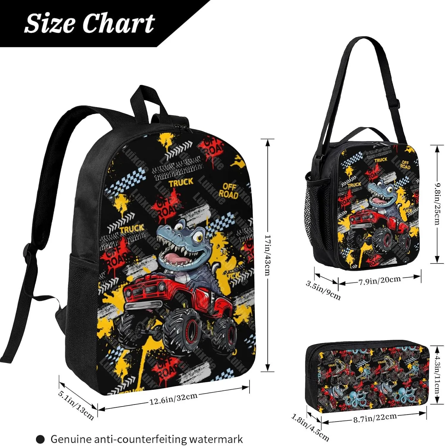 School Bags for Boys 3pas Cute Dinosaur Monster School Backpack Cars Truck Backpack with Lunch Box and Pencil Case for Boys Toddler Girls Kids Preschool Kindergarten Bookbags