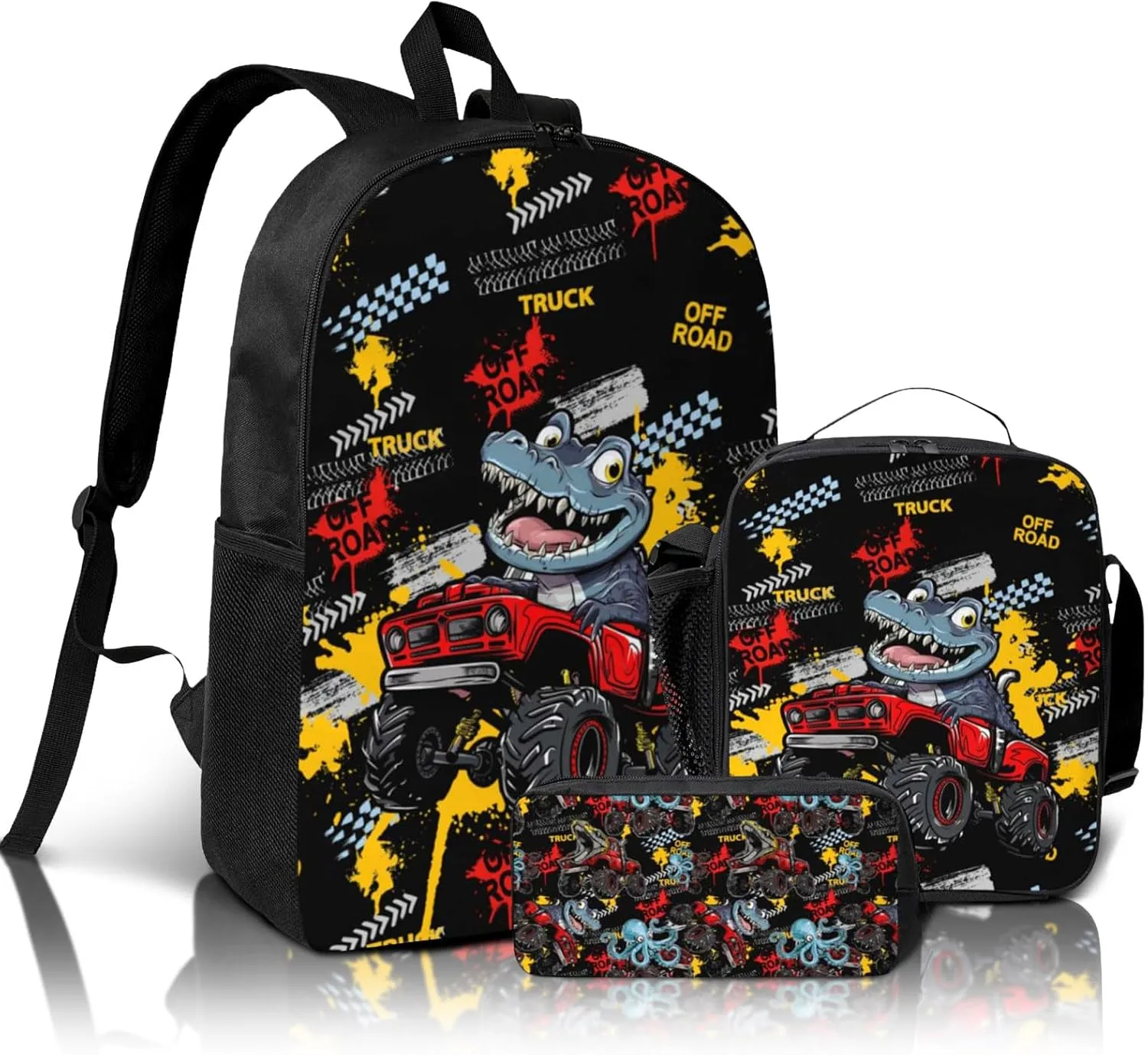 School Bags for Boys 3pas Cute Dinosaur Monster School Backpack Cars Truck Backpack with Lunch Box and Pencil Case for Boys Toddler Girls Kids Preschool Kindergarten Bookbags