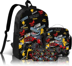 School Bags for Boys 3pas Cute Dinosaur Monster School Backpack Cars Truck Backpack with Lunch Box and Pencil Case for Boys Toddler Girls Kids Preschool Kindergarten Bookbags