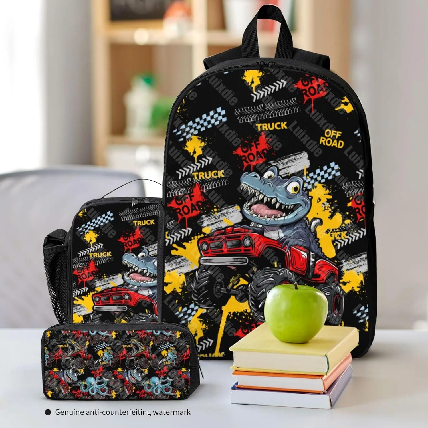School Bags for Boys 3pas Cute Dinosaur Monster School Backpack Cars Truck Backpack with Lunch Box and Pencil Case for Boys Toddler Girls Kids Preschool Kindergarten Bookbags