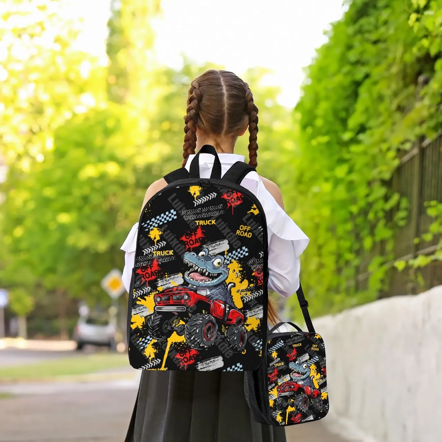 School Bags for Boys 3pas Cute Dinosaur Monster School Backpack Cars Truck Backpack with Lunch Box and Pencil Case for Boys Toddler Girls Kids Preschool Kindergarten Bookbags