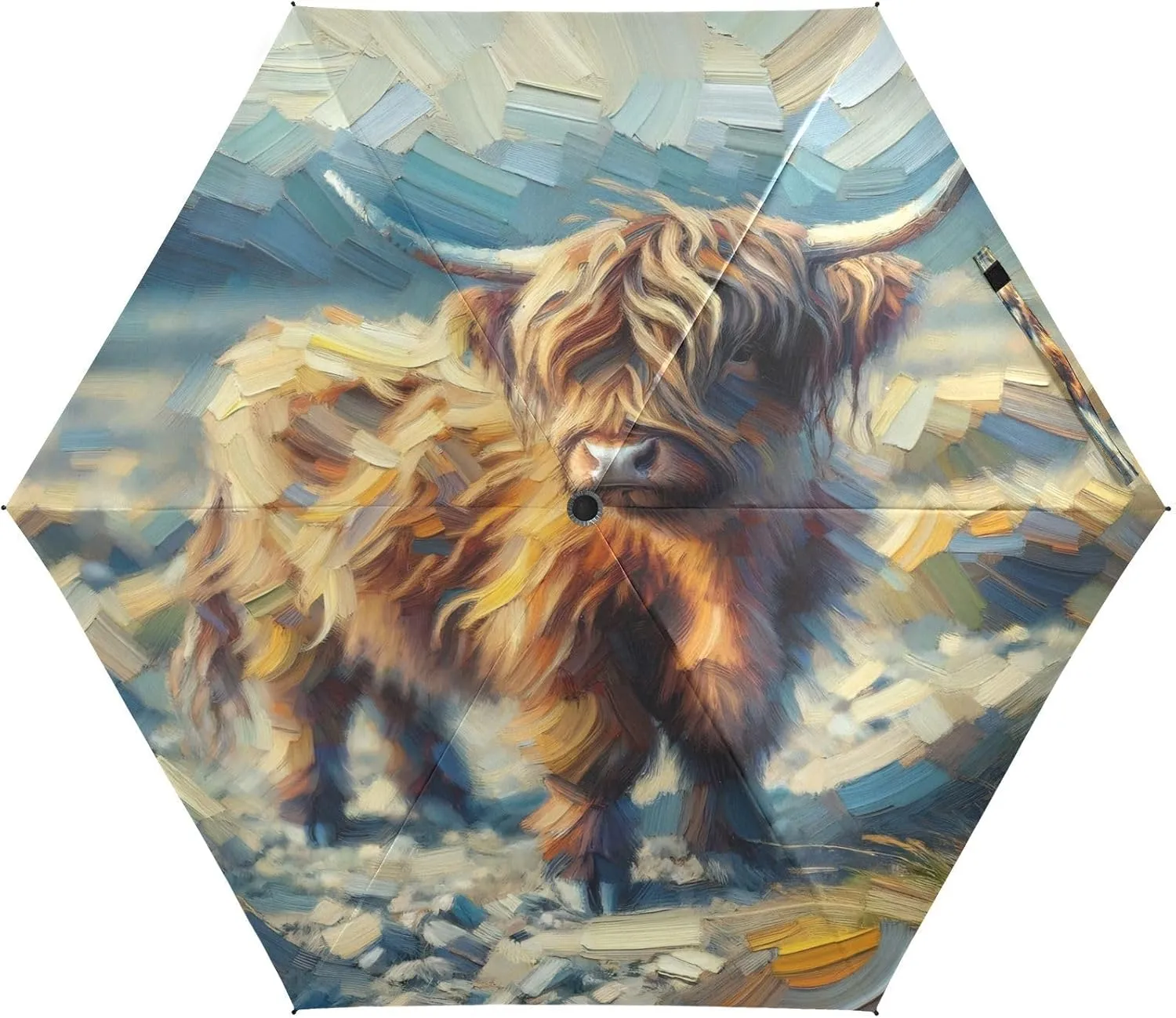 Scotland Highland Cattle Umbrellas for Rain Impressionistic Travel Umbrella Windproof Small Folding Compact Mini Umbrella for Purse Lightweight Portable Pocket for Women