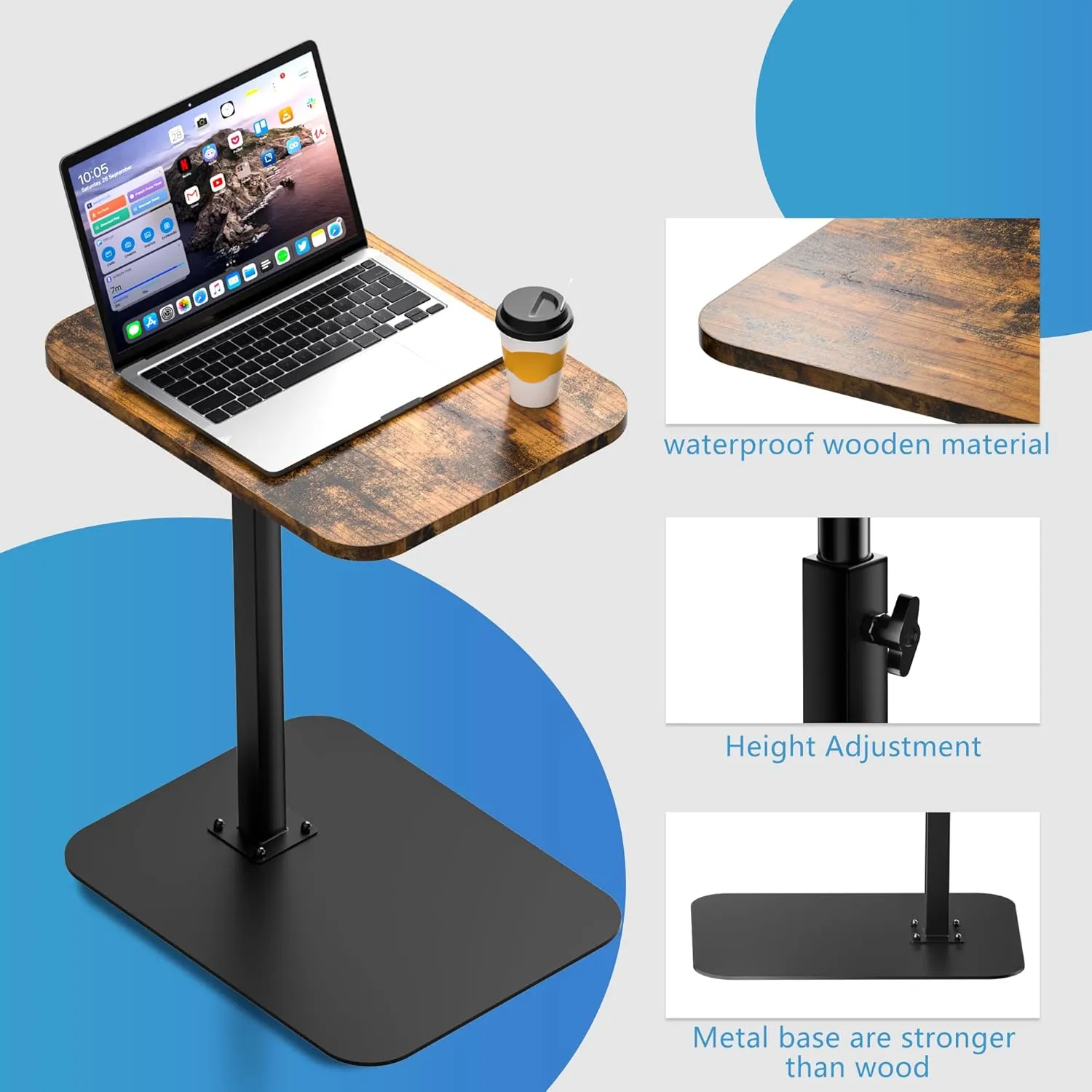 Side Table Sofa Tray for Couch Heavy Metal Base Swivel/Adjustable Height, Sofa Bed Bathroom Study TV Tray C Shaped End Table Food Snack Trays for Eating
