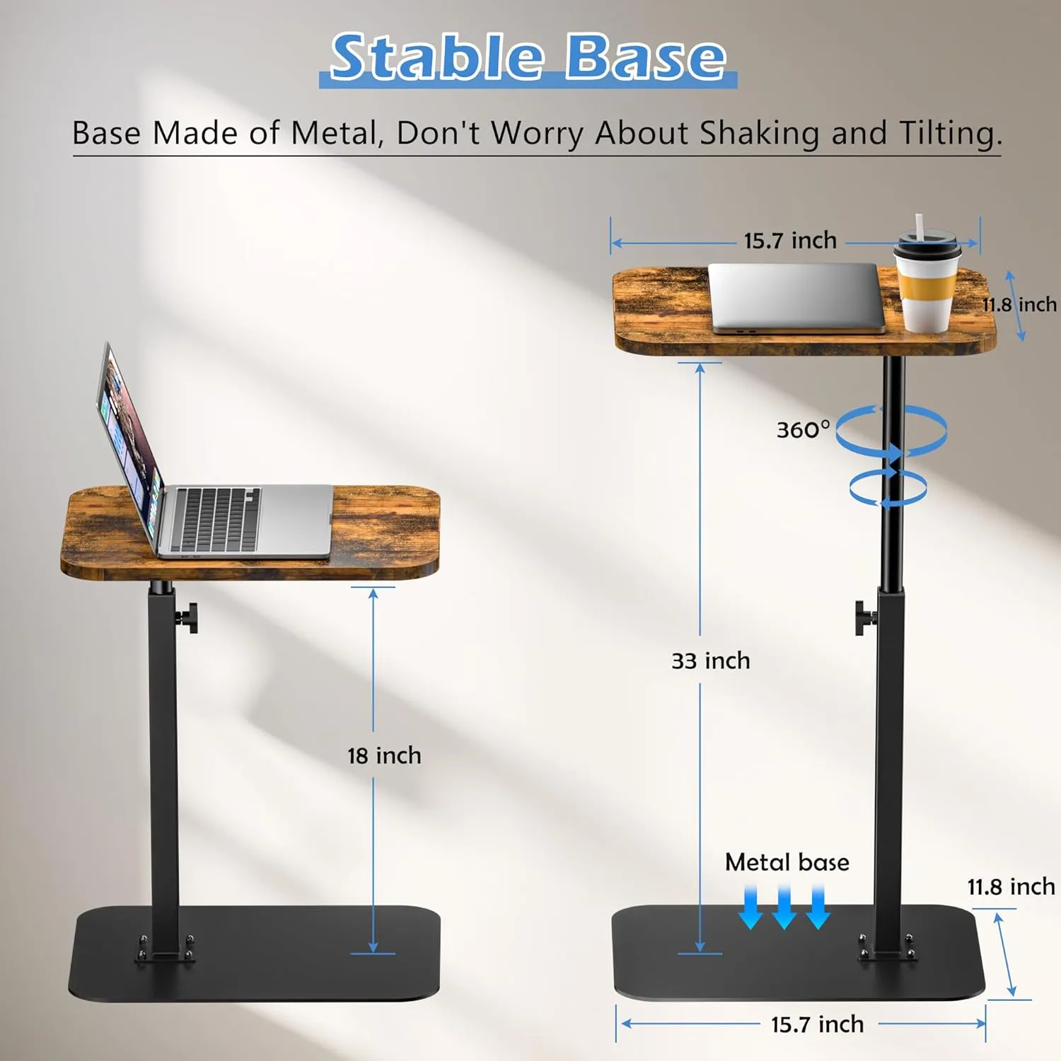 Side Table Sofa Tray for Couch Heavy Metal Base Swivel/Adjustable Height, Sofa Bed Bathroom Study TV Tray C Shaped End Table Food Snack Trays for Eating