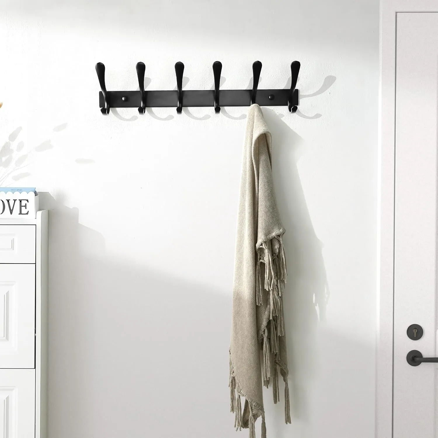 SKOLOO Coat Rack Wall Mounted - 6 Hooks, Heavy Duty, Stainless Steel, Metal Wall Hanger, Sturdy Coat Hooks for Hanging Coats, Jacket, Clothes, Hats - Black