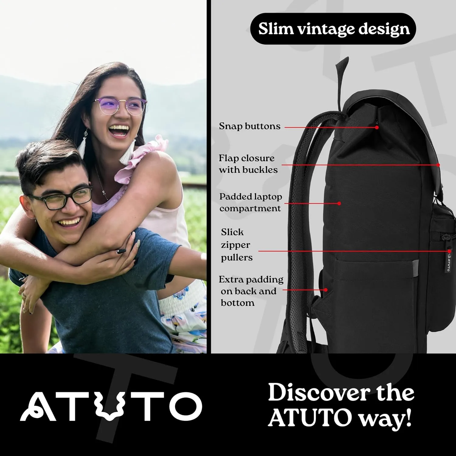 Slim Vintage Backpack for Men and Women, Flap Backpack for Laptop till 16.5", Extra Padding, Durable Fabric (Black)
