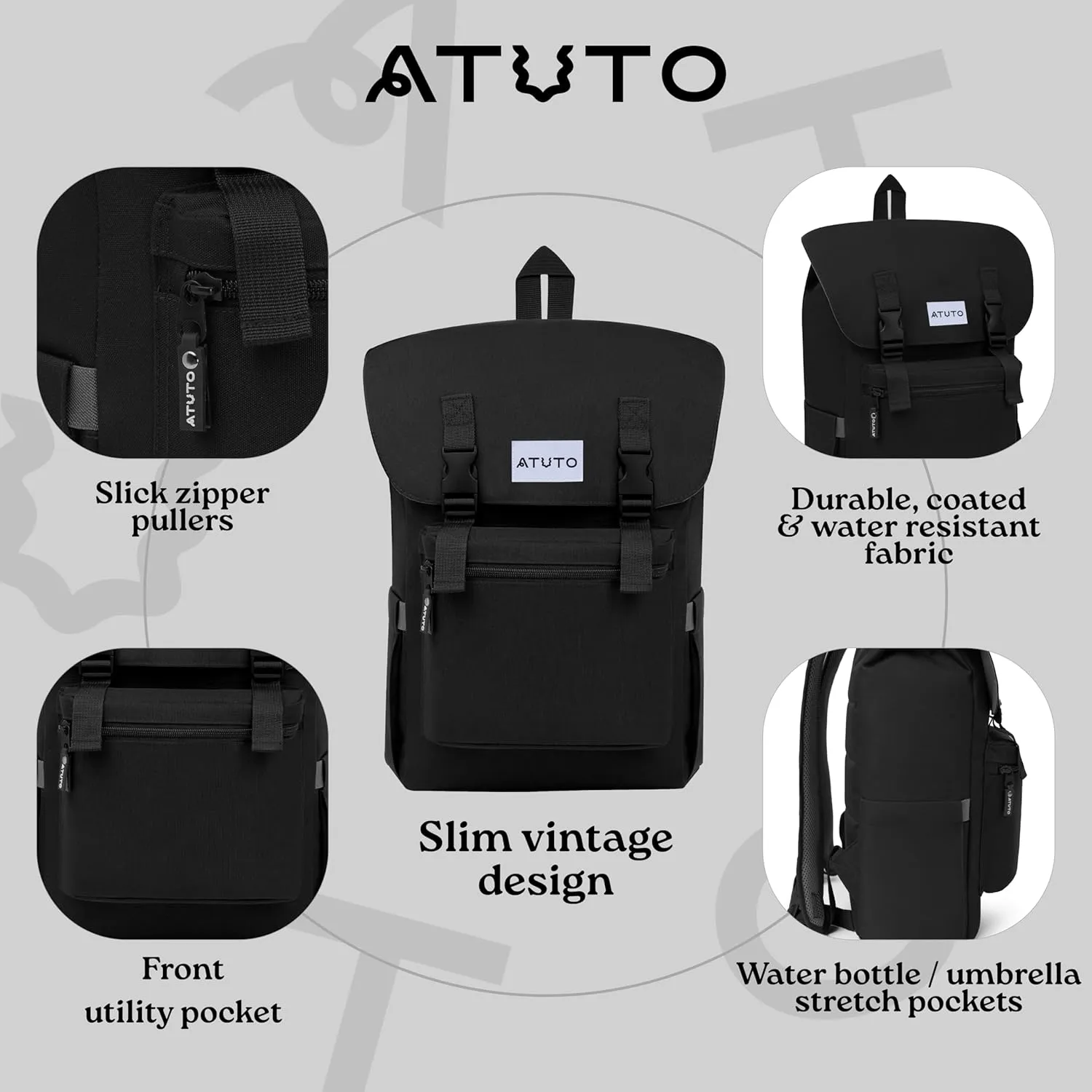 Slim Vintage Backpack for Men and Women, Flap Backpack for Laptop till 16.5", Extra Padding, Durable Fabric (Black)