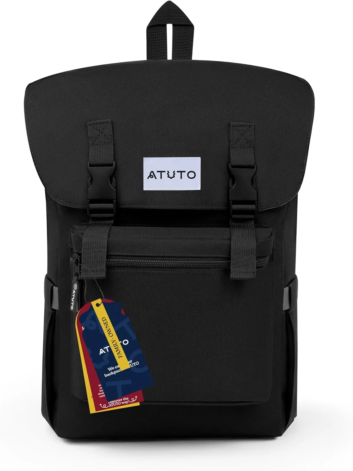 Slim Vintage Backpack for Men and Women, Flap Backpack for Laptop till 16.5", Extra Padding, Durable Fabric (Black)