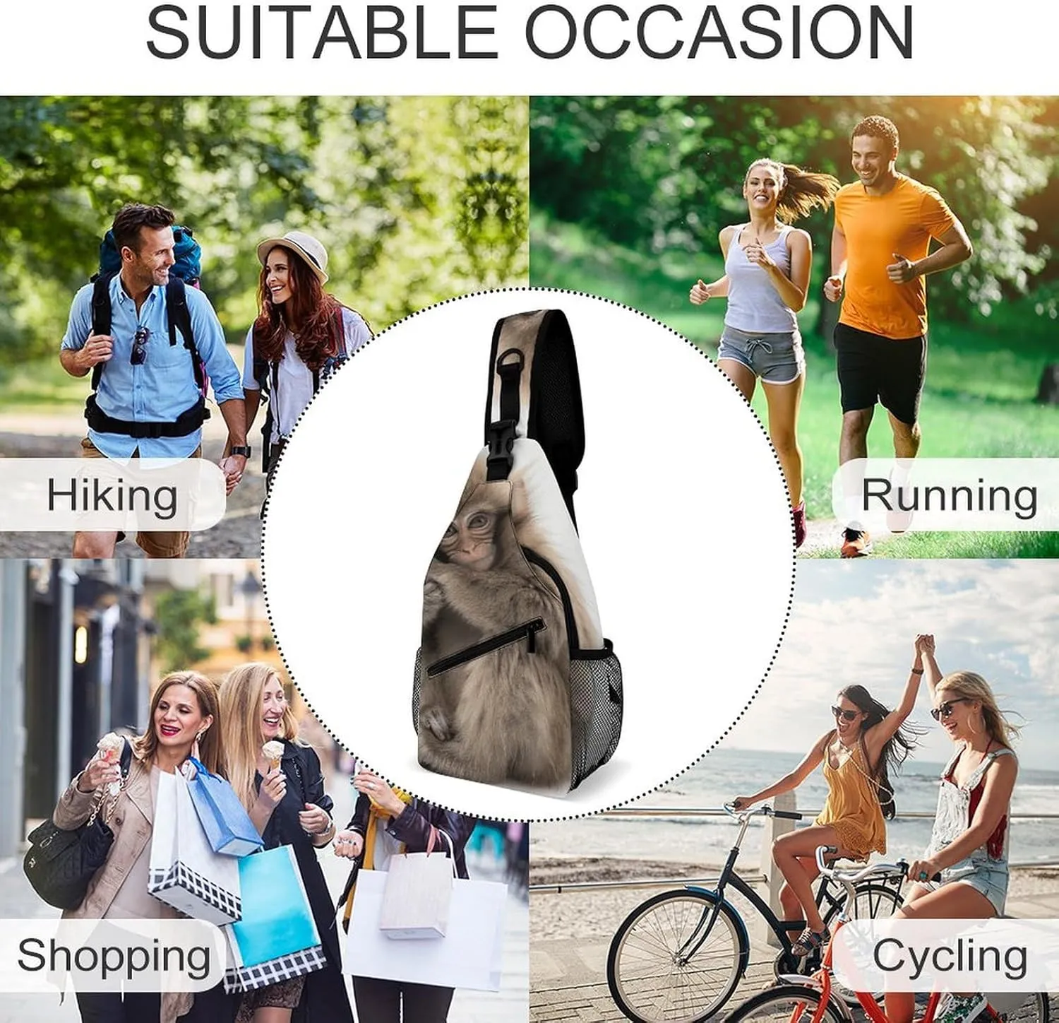 Sling Backpack Crossbody for Man Woman Full Body Photo Monkey Cross Body Adjustable Chest Bag, 38x20cm