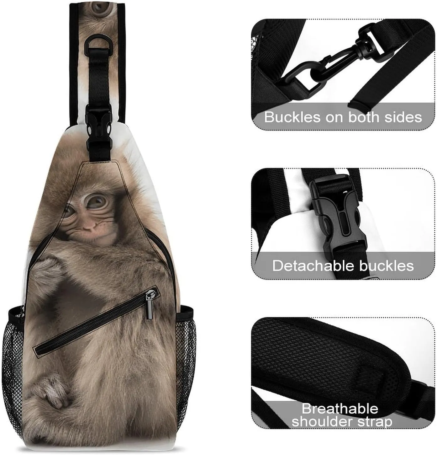 Sling Backpack Crossbody for Man Woman Full Body Photo Monkey Cross Body Adjustable Chest Bag, 38x20cm