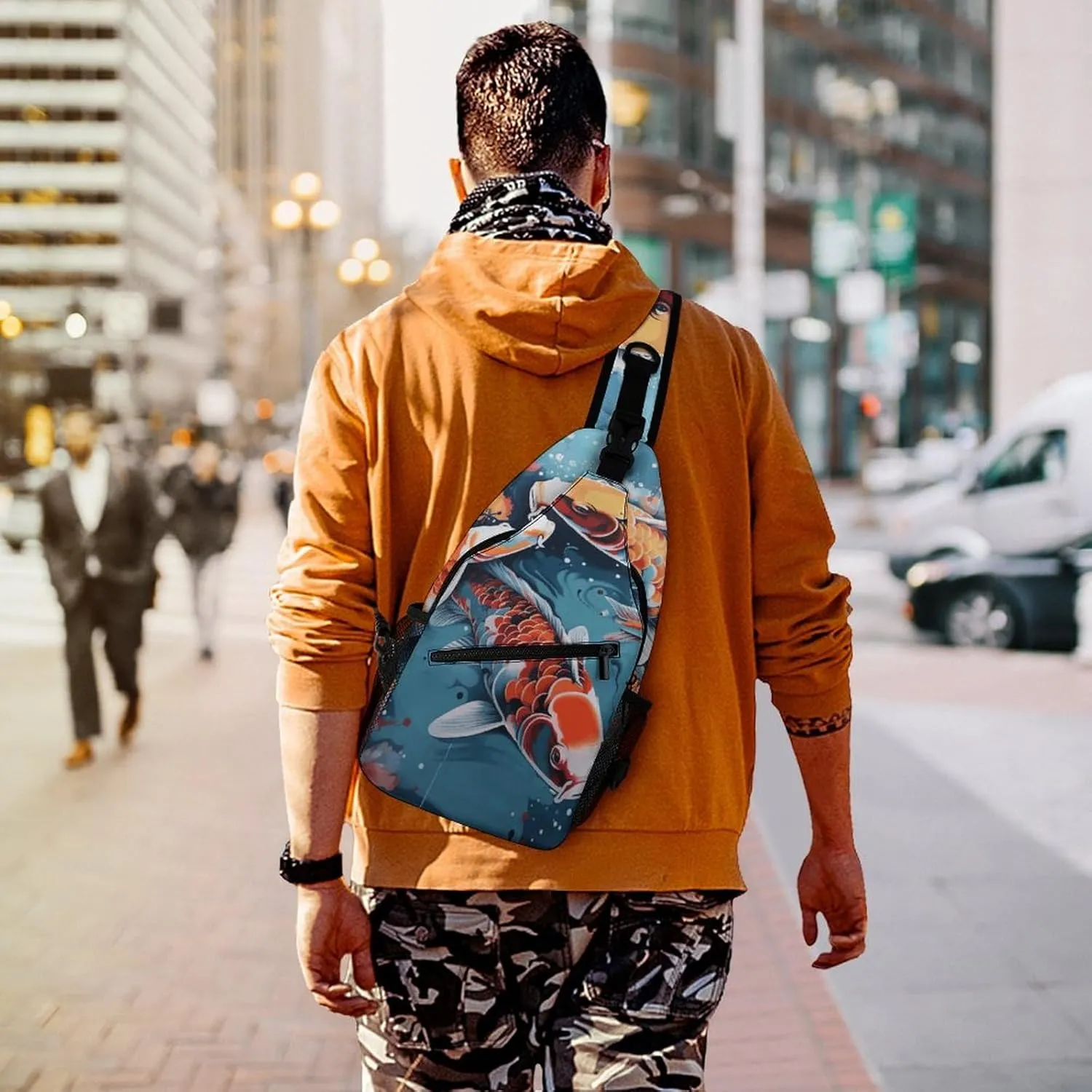 Sling Backpack Crossbody for Man Woman Hand Drawn Fish Cross Body Adjustable Chest Bag