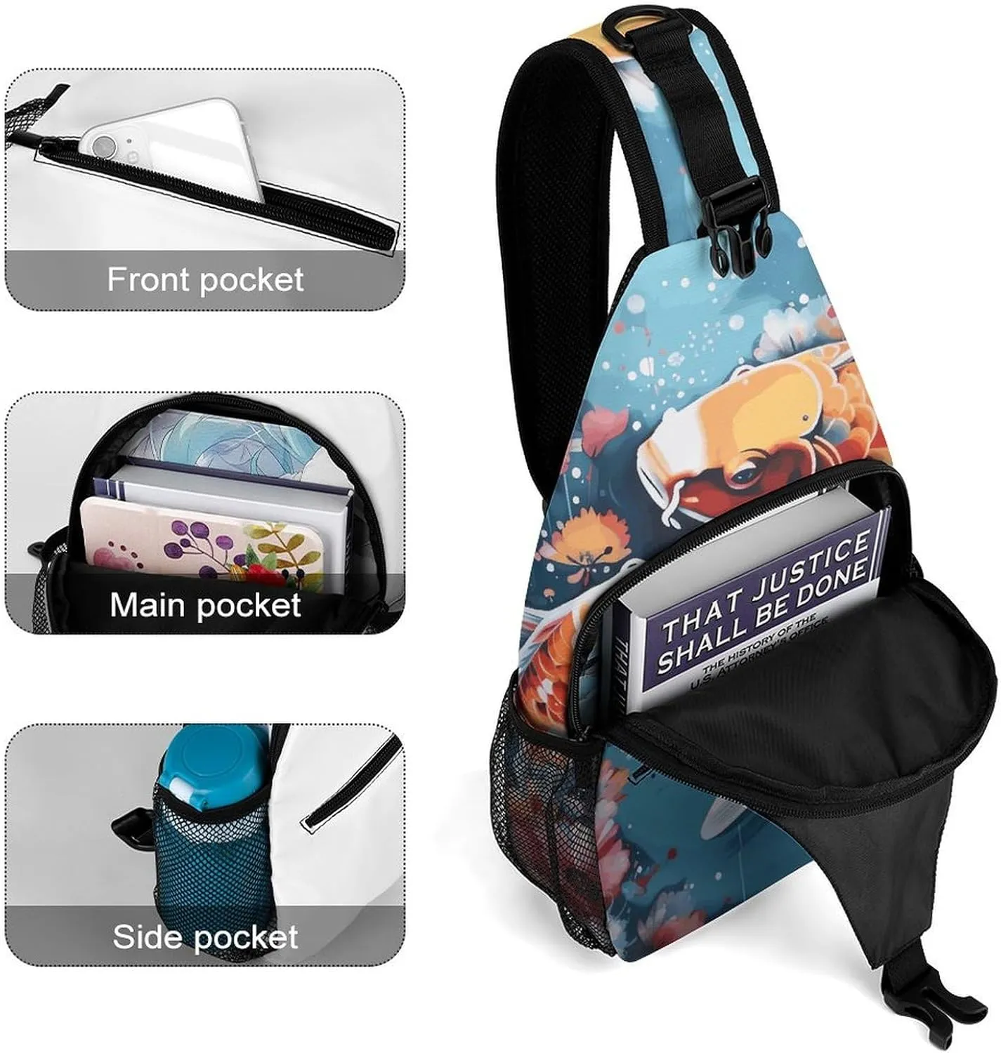 Sling Backpack Crossbody for Man Woman Hand Drawn Fish Cross Body Adjustable Chest Bag