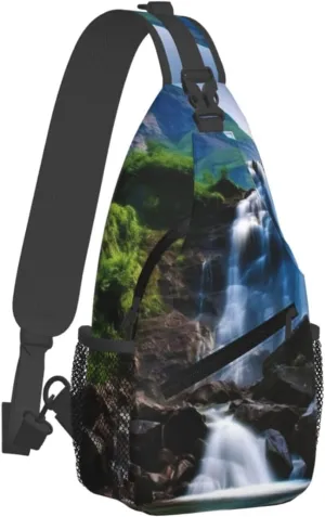 Sling Bag for Women Men Cross Chest Bag Scenic mountain waterfall Sling Backpack Crossbody Shoulder Bag Fanny Pack Daypack
