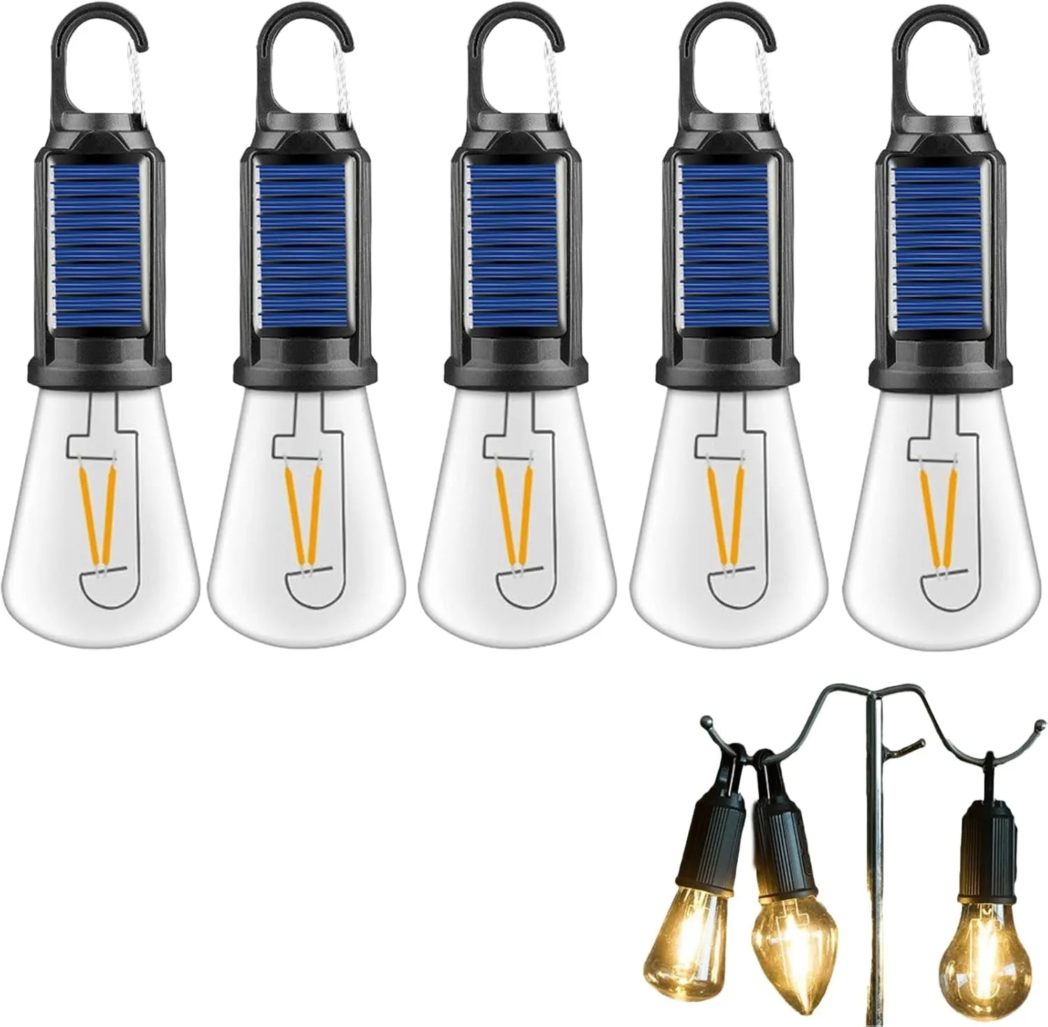 Solar Rechargeable Hooked Camping Light, Waterproof Portable Solar Camping Light, Outdoor Emergency Hanging Lights for Hiking Party, Camping, Fishing (Flat Bottom, 5 Pcs)