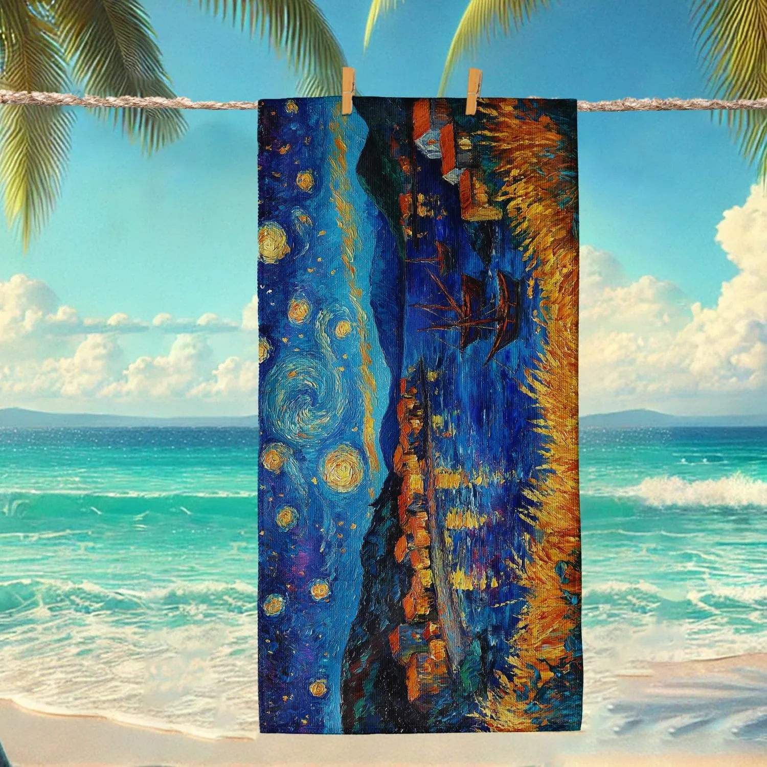 Starry Night Beach Towel Extra Large Colorful Artist Print Microfiber Quick Dry Sand Free Oversize Lightweight Blanket, Outdoor Travel Picnic Essentials 62x31 Inch