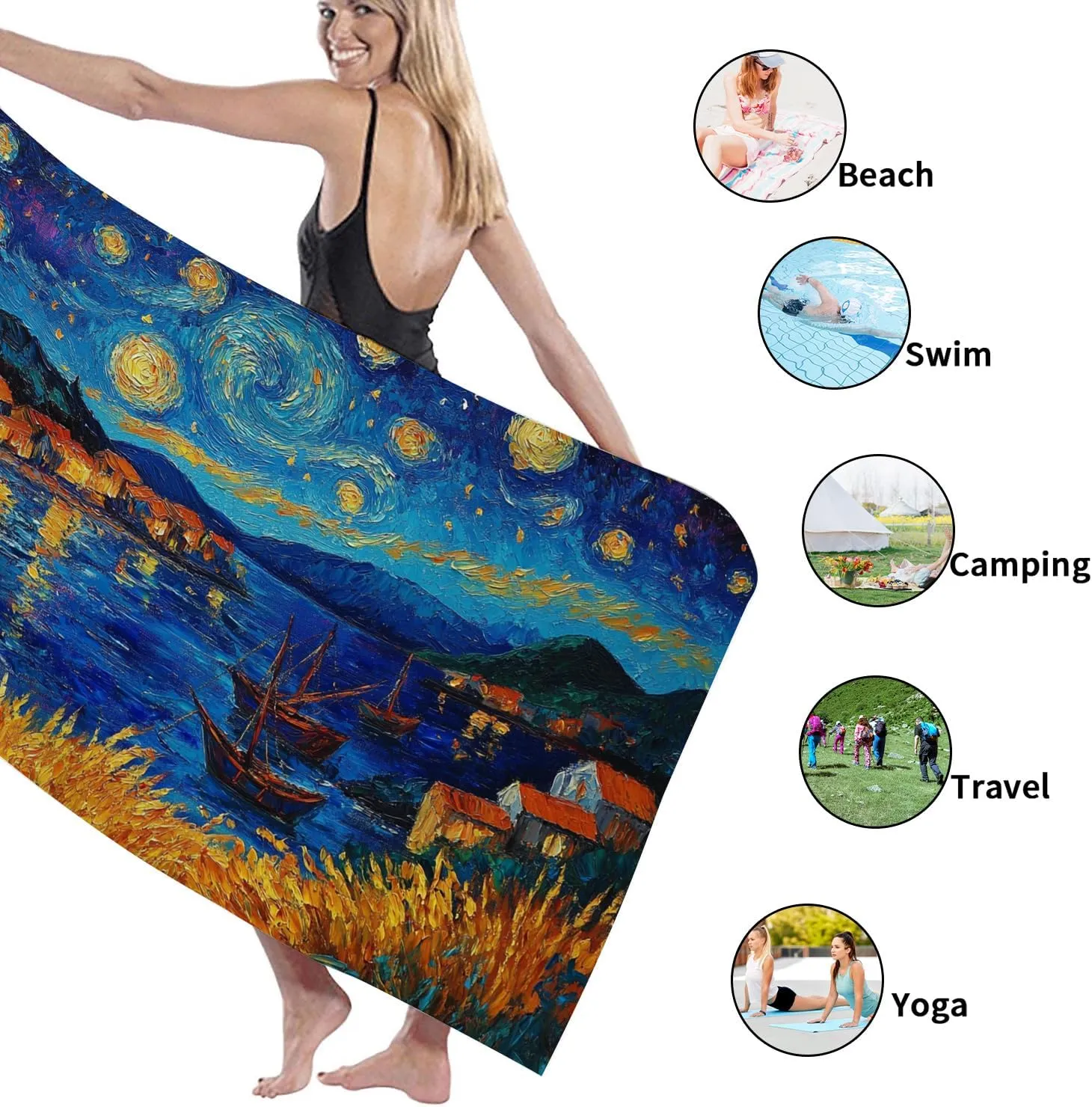Starry Night Beach Towel Extra Large Colorful Artist Print Microfiber Quick Dry Sand Free Oversize Lightweight Blanket, Outdoor Travel Picnic Essentials 62x31 Inch