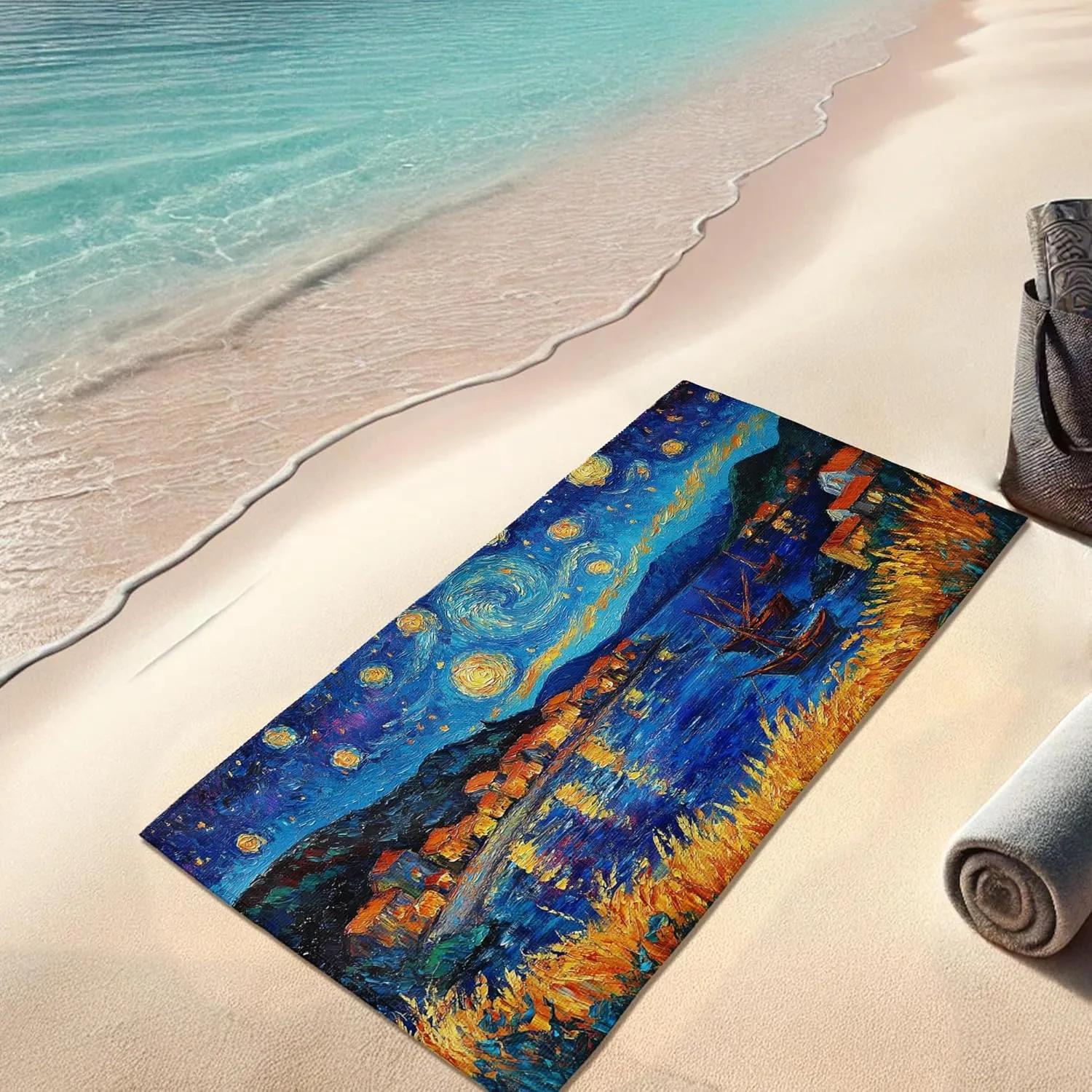 Starry Night Beach Towel Extra Large Colorful Artist Print Microfiber Quick Dry Sand Free Oversize Lightweight Blanket, Outdoor Travel Picnic Essentials 62x31 Inch