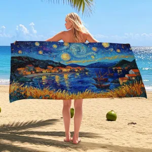 Starry Night Beach Towel Extra Large Colorful Artist Print Microfiber Quick Dry Sand Free Oversize Lightweight Blanket, Outdoor Travel Picnic Essentials 62x31 Inch