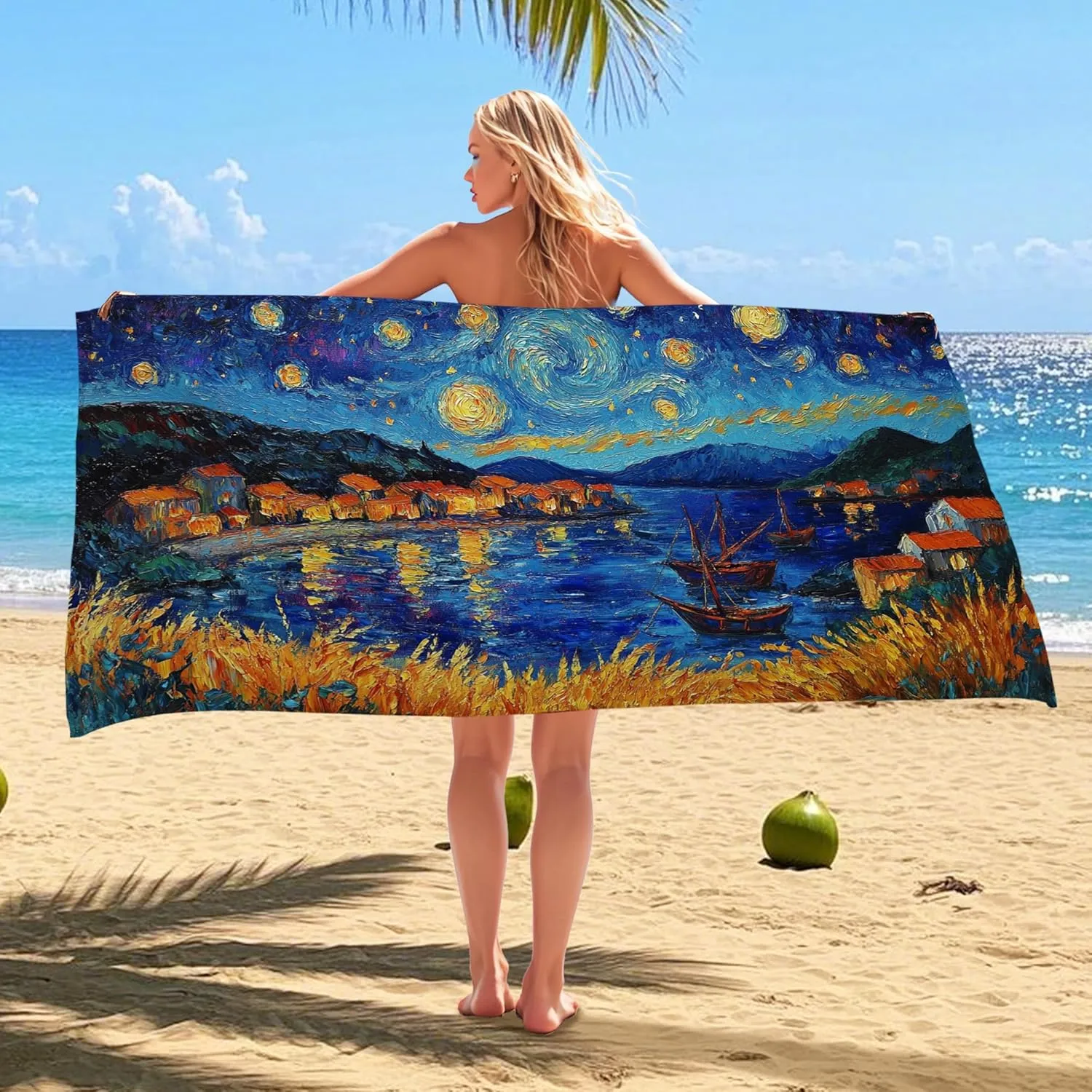 Starry Night Beach Towel Extra Large Colorful Artist Print Microfiber Quick Dry Sand Free Oversize Lightweight Blanket, Outdoor Travel Picnic Essentials 62x31 Inch