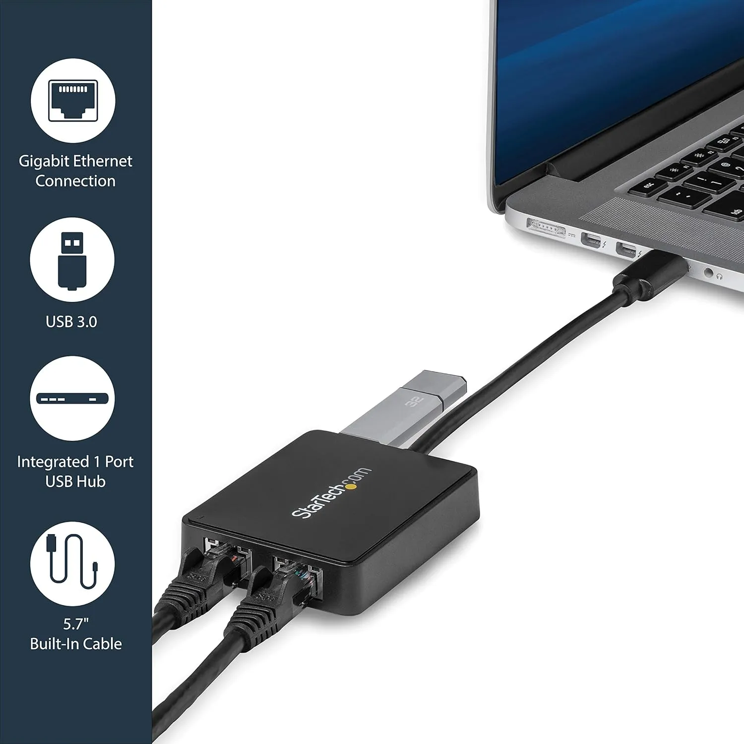 StarTech.com USB 3.0 to Dual Port Gigabit Ethernet Adapter w/USB Port - 10/100/100 - USB Gigabit LAN Network NIC Adapter (USB32000SPT)