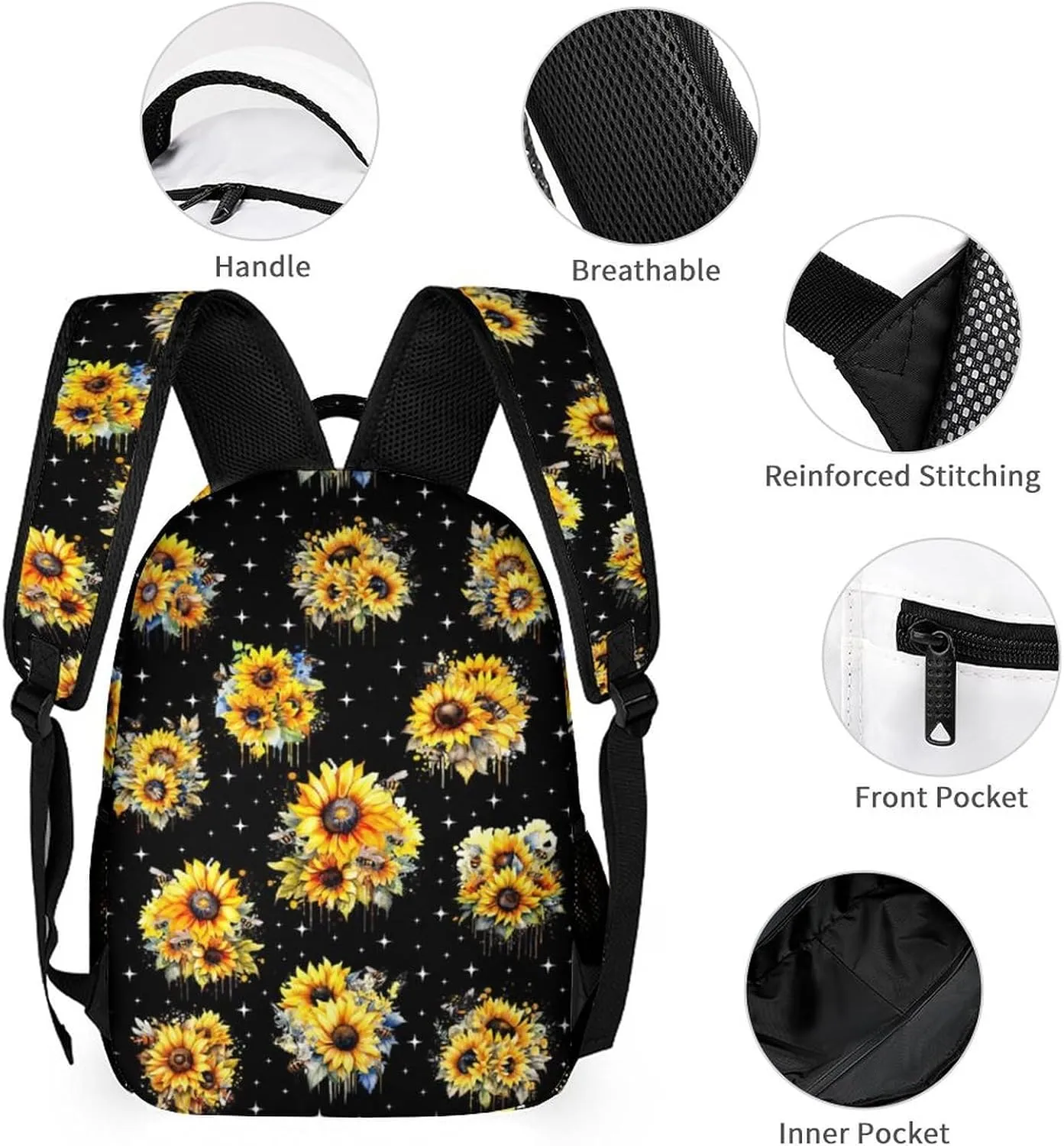 Sunflower Backpack with Lunch Box & Pencil Case, 16 Inch Cute Sunflowers Themed Bookbag, Adjustable Lightweight Large Capacity, Colorful Daily Casual Backpacks Set with Lunch Bag