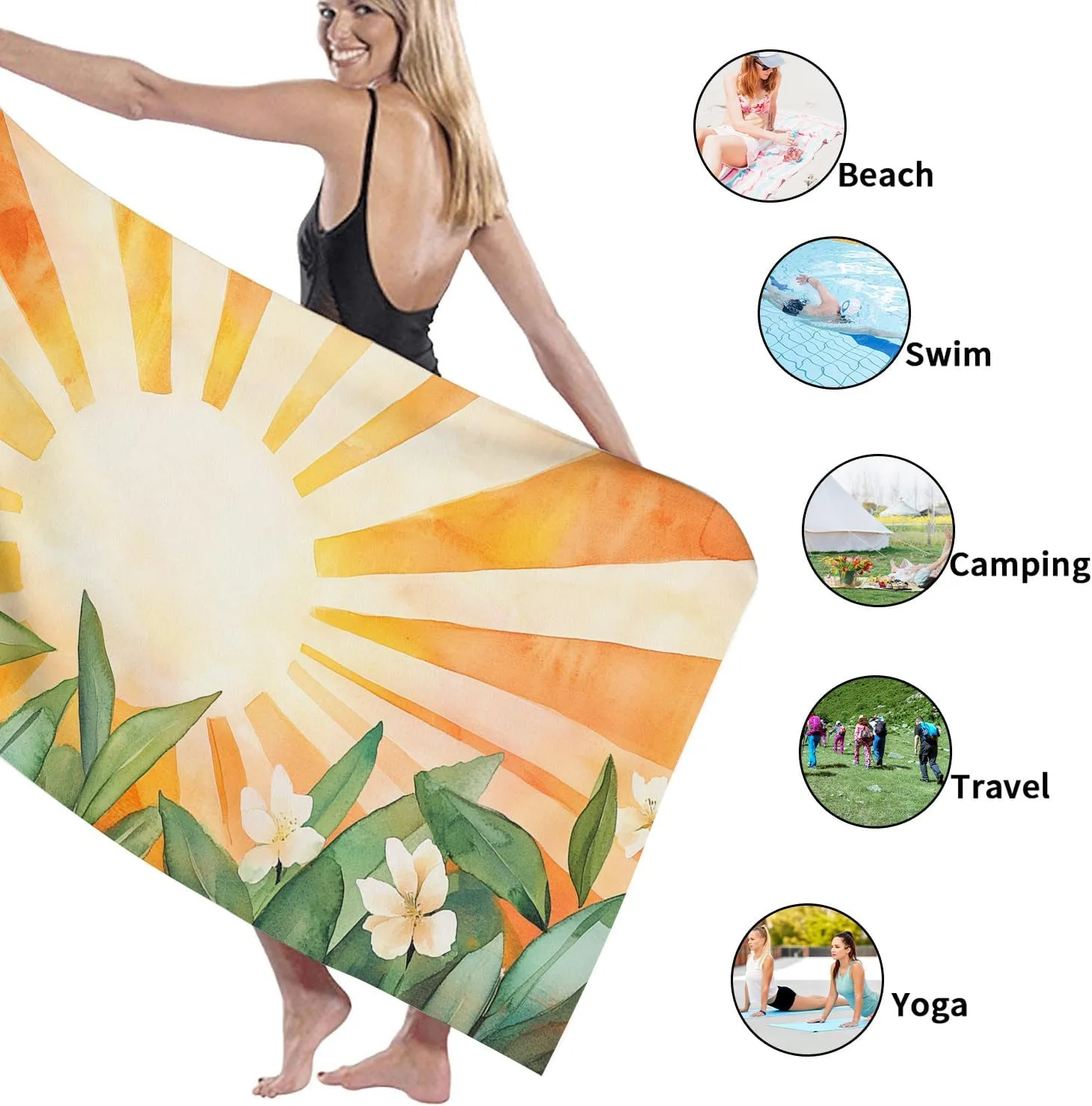 Sunrise Floral Microfiber Beach Towel Extra Large Tropical Sun Design Quick Dry Absorbent Sand Free Lightweight Cover-up for Outdoor Travel Picnic Essentials 62x31 Inch