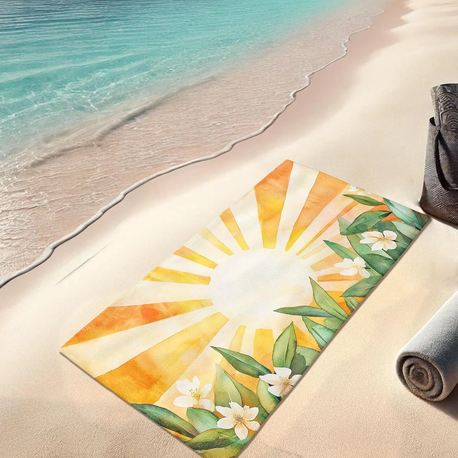 Sunrise Floral Microfiber Beach Towel Extra Large Tropical Sun Design Quick Dry Absorbent Sand Free Lightweight Cover-up for Outdoor Travel Picnic Essentials 62x31 Inch